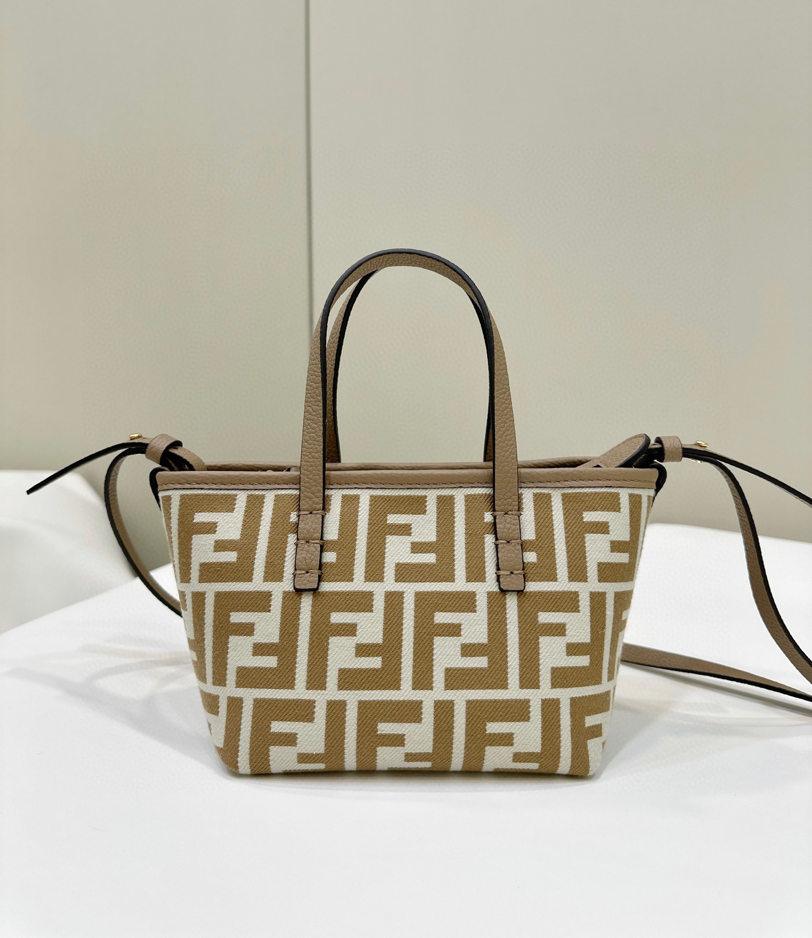 Fendi Mini Roll FF Jacquard Fabric Shoulder Bag Beige